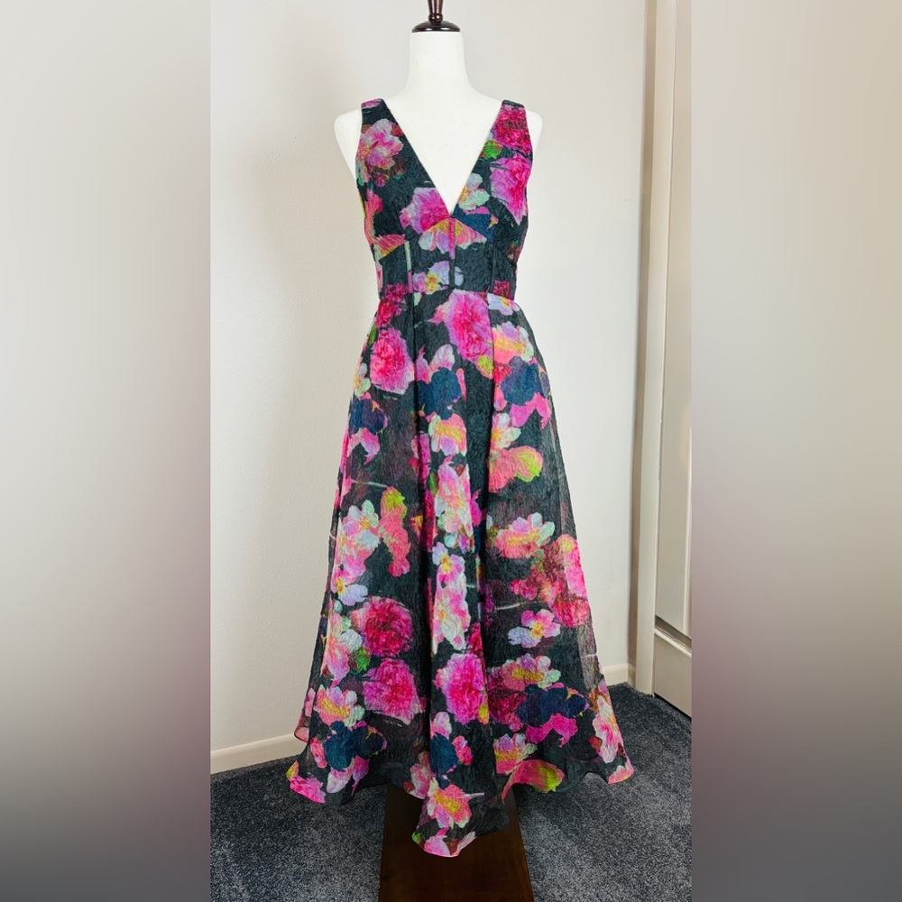 MONIQUE LHUILLIER Gisellle Crinkled Floral Organza Midi-Dress Size 2 NWT